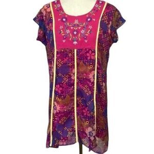 Ludy Womens Multicolor Floral Embroidered Cap Sleeves Mexican Dress Size Large